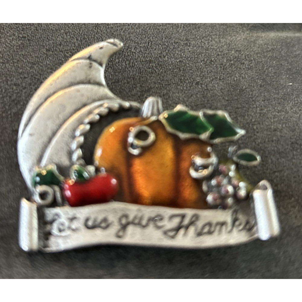 Vtg Cornucopia "Let Us Give Thanks" by AJMC Thanksgiving Fruit Pewter Brooch Pin